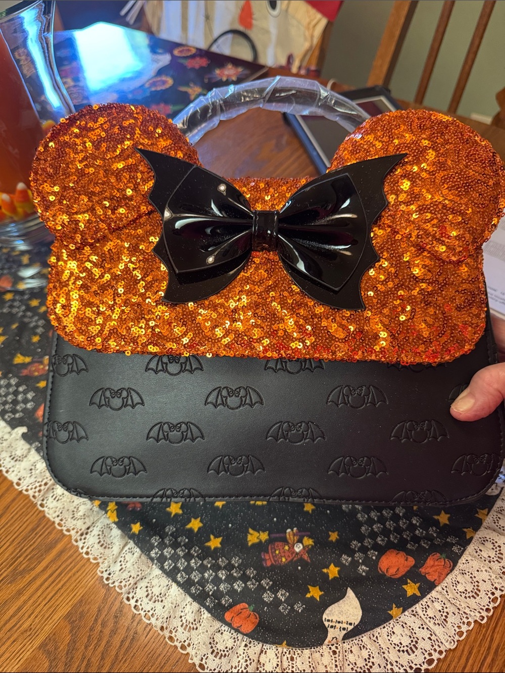 Disney Orange Sequin Ear Handbag with Black Bat Bow